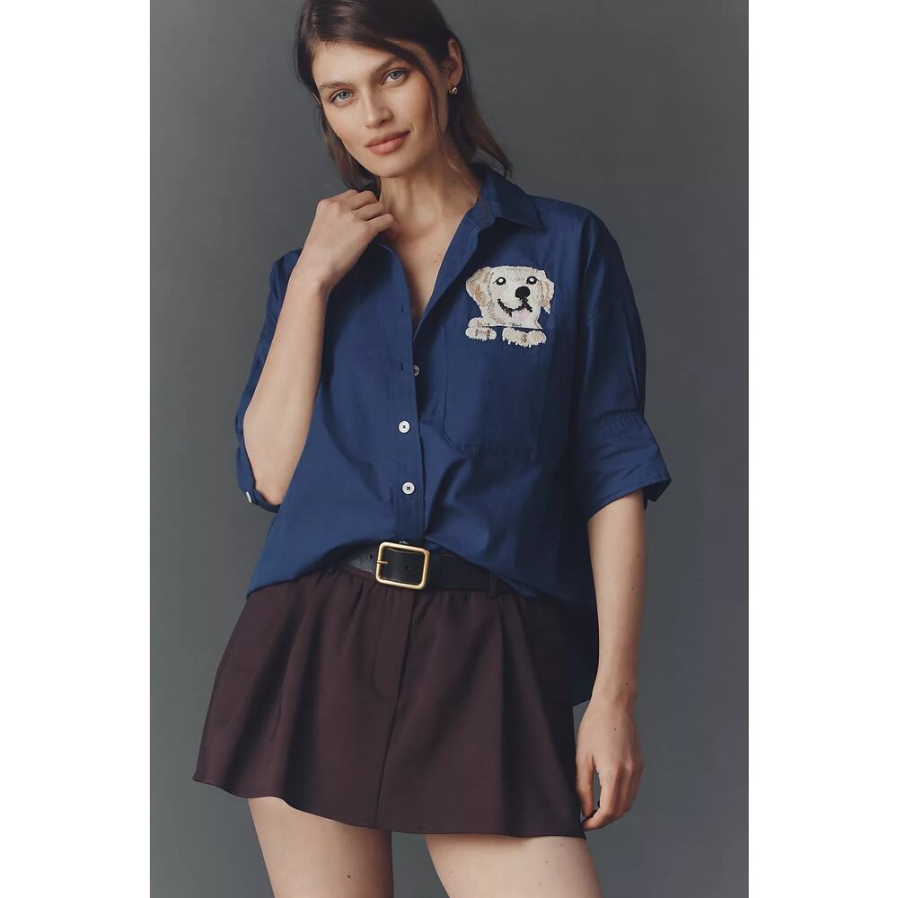 nwt ANTHROPOLOGIE MAEVE sz 2X The Mabel embroidered pocket oxford in dog motif